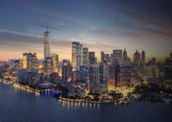 Vista noturna do skyline de Lower Manhattan