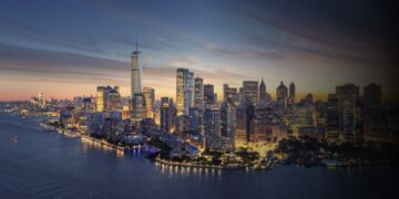 Vista noturna do skyline de Lower Manhattan