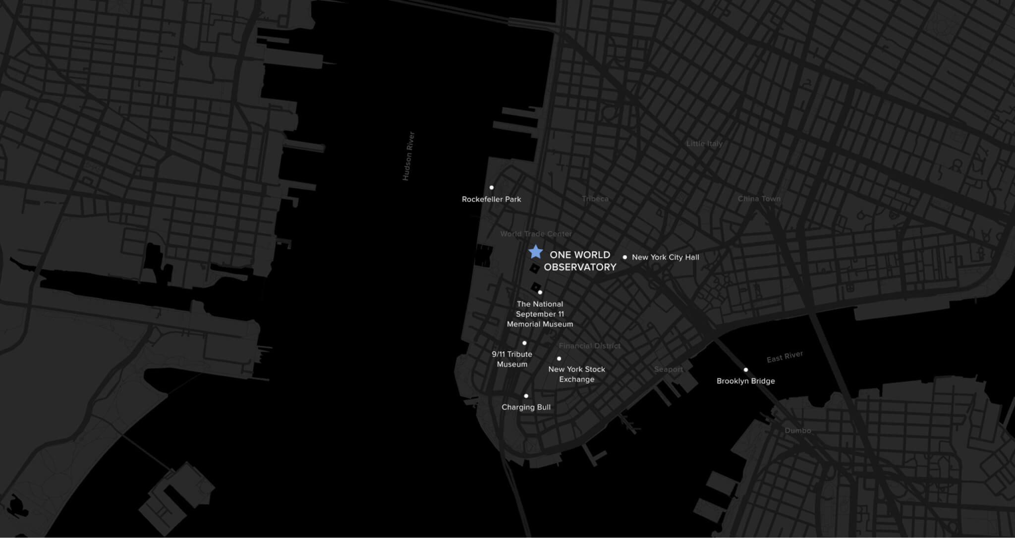 Map showing the One World Observatory location in Lower Manhattan