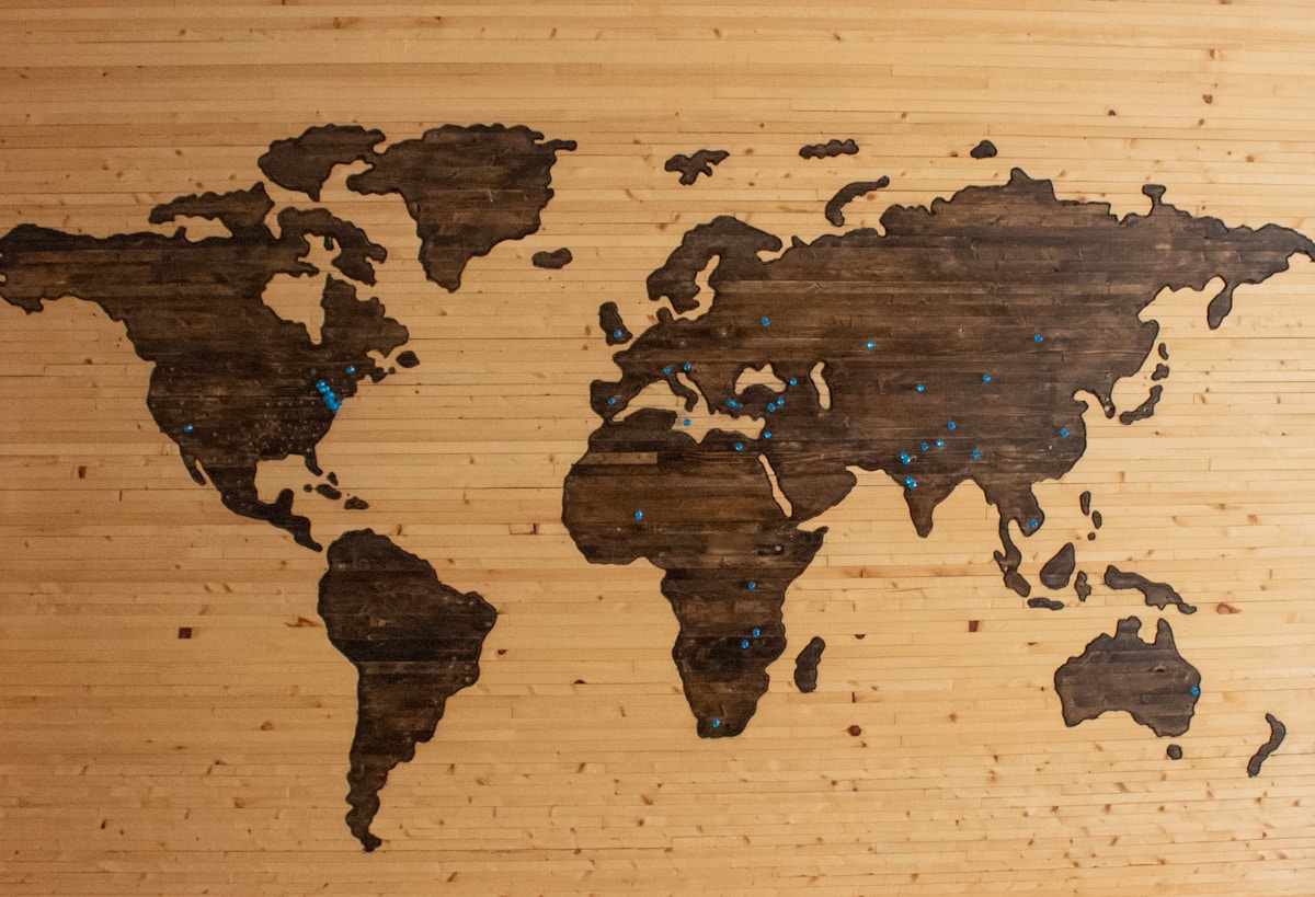 World map mounted on a wood wall