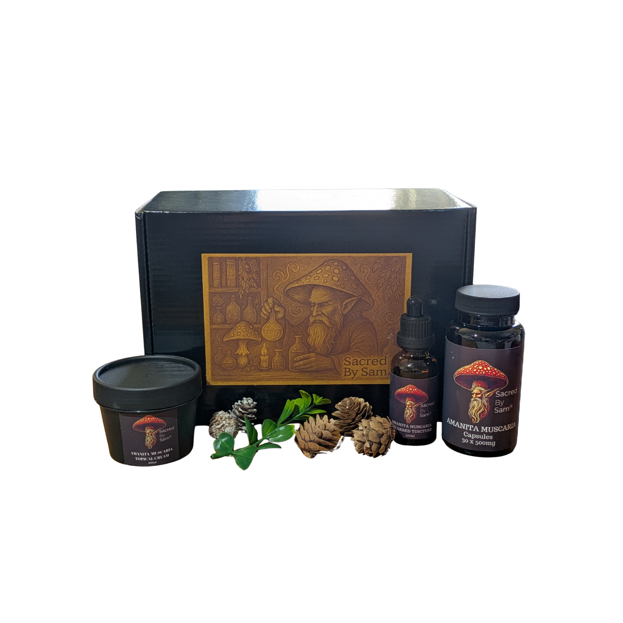 Sacred By Sam Amanita Muscaria Gift Box with capsules, tincture and topical cream