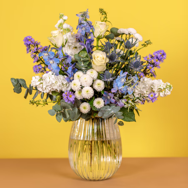 Summer Breeze white blue and purple bouquet