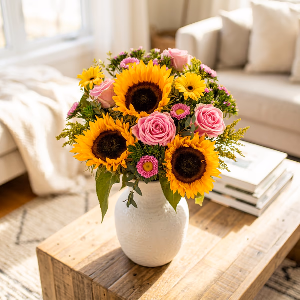 Close view of yellow and white flowers in a bouquet