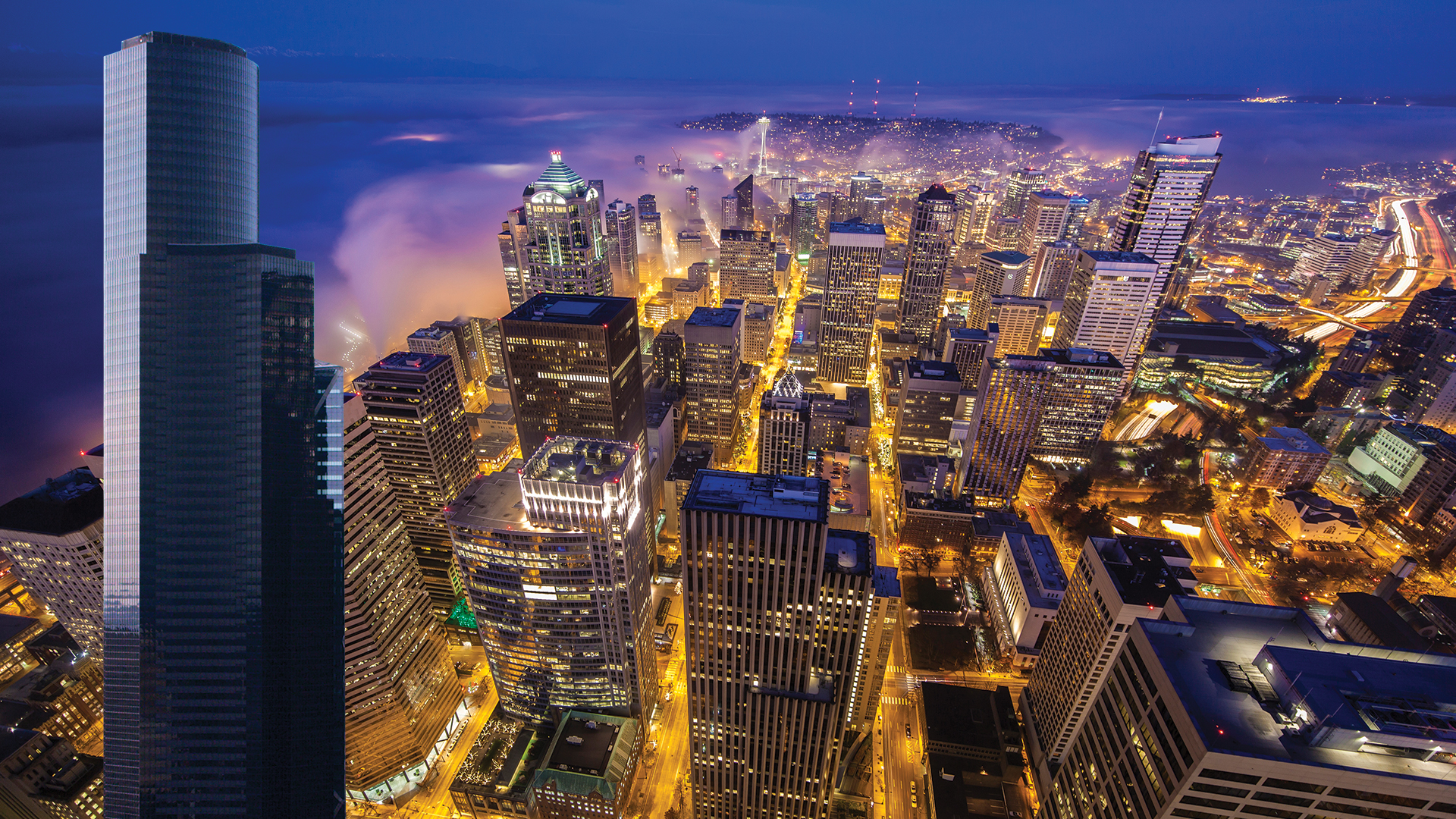 Seattle skyline at night seen from Sky View Observatory