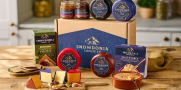 Cheese, chutney, crackers and Black Bomber cheese bake gift box arranged for sharing