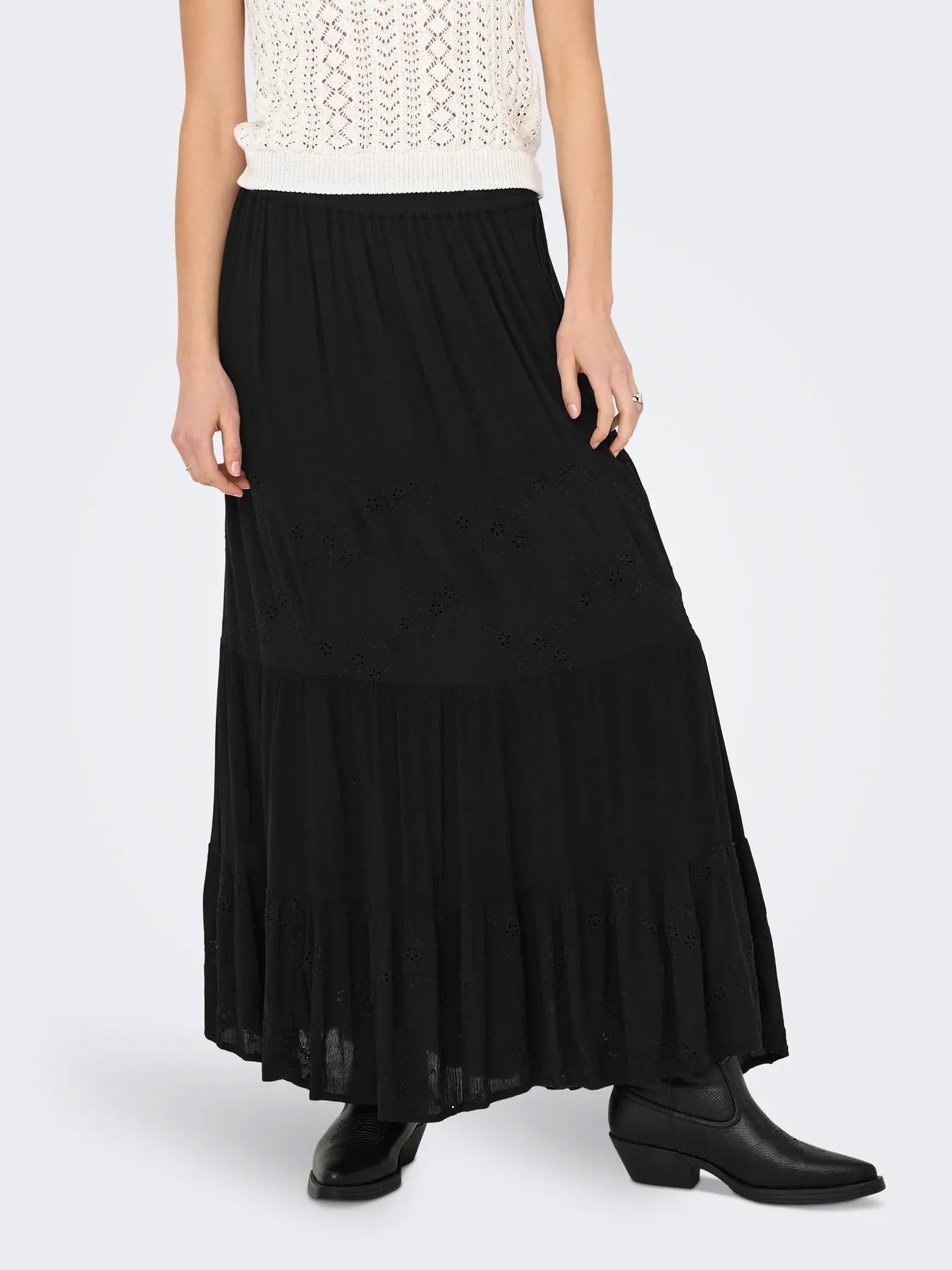 Black broiderie panel maxi skirt