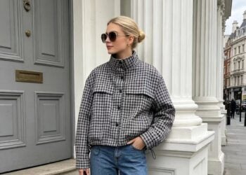 Black and white houndstooth funnel neck jacket