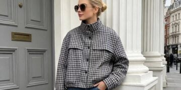 Black and white houndstooth funnel neck jacket