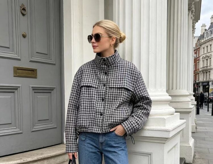 Black and white houndstooth funnel neck jacket