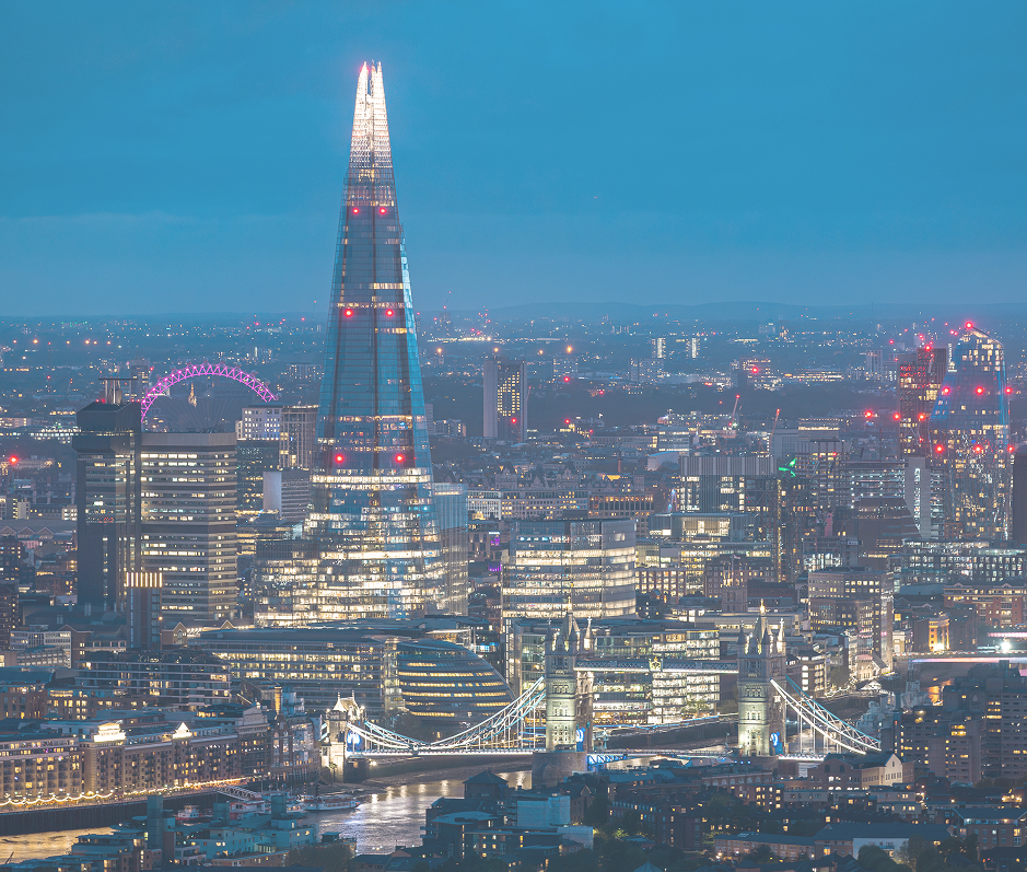 Night view of The Shard and Tower Bridge from across London