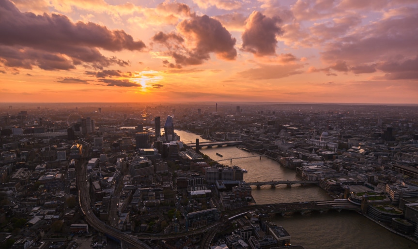 London sunset skyline seen from The View from The Shard