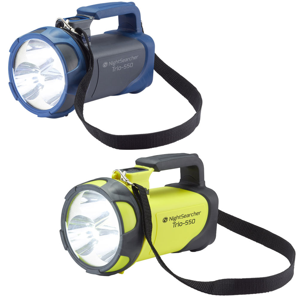 Dos lámparas portátiles NightSearcher Trio-550 en azul y amarillo