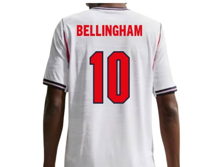 England authentic Aero-Fit home football shirt with Bellingham 10