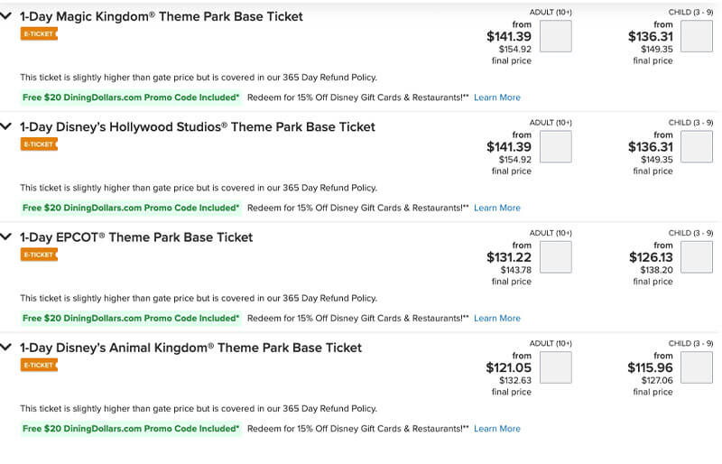 Undercover Tourist Disney ticket and DiningDollars offer screen