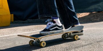 Old Skool shoes featured in a wide skate-inspired Vans campaign scene