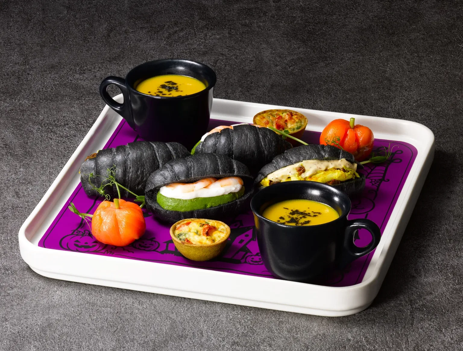 Savory pumpkin salmon, soup, quiche and sandwiches from the afternoon tea