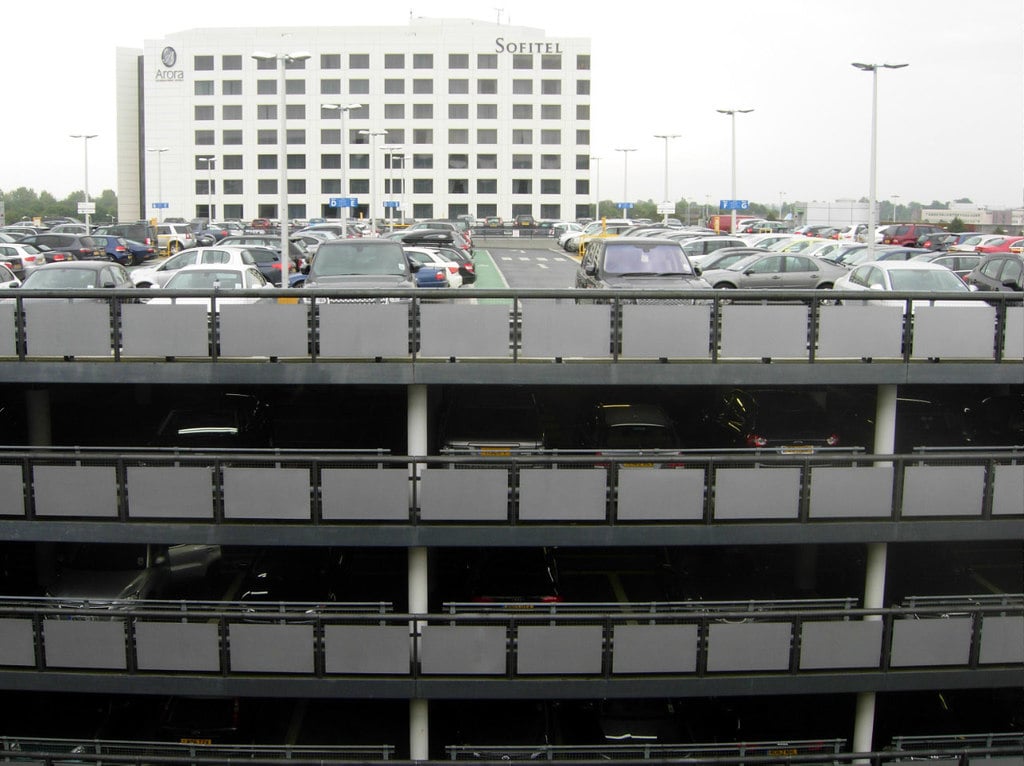 Airport multi-storey parking building with terminal walkway