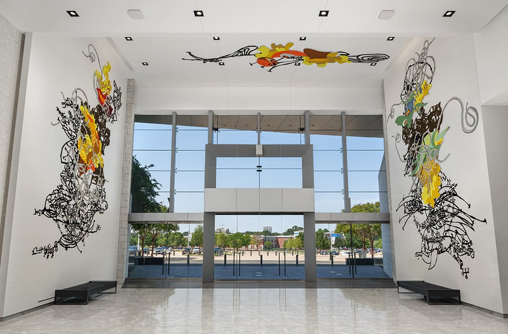 Large contemporary artwork displayed inside AT&T Stadium