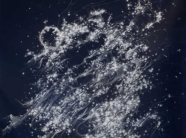 Large-scale white cosmic artwork displayed inside AT&T Stadium