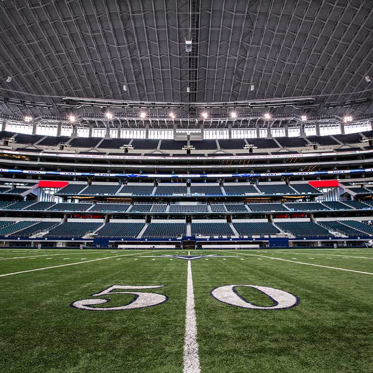 View across the field and seating inside AT&T Stadium