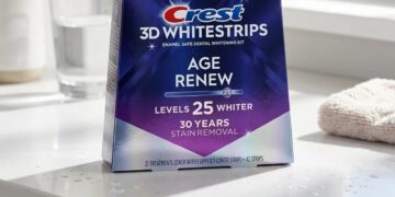 Crest 3D White Age Renew strips pack on a white background