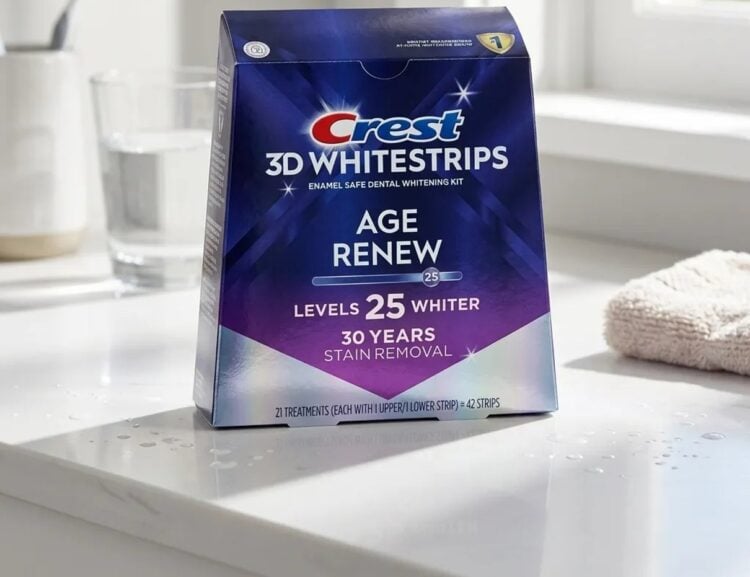 Crest 3D White Age Renew strips pack on a white background