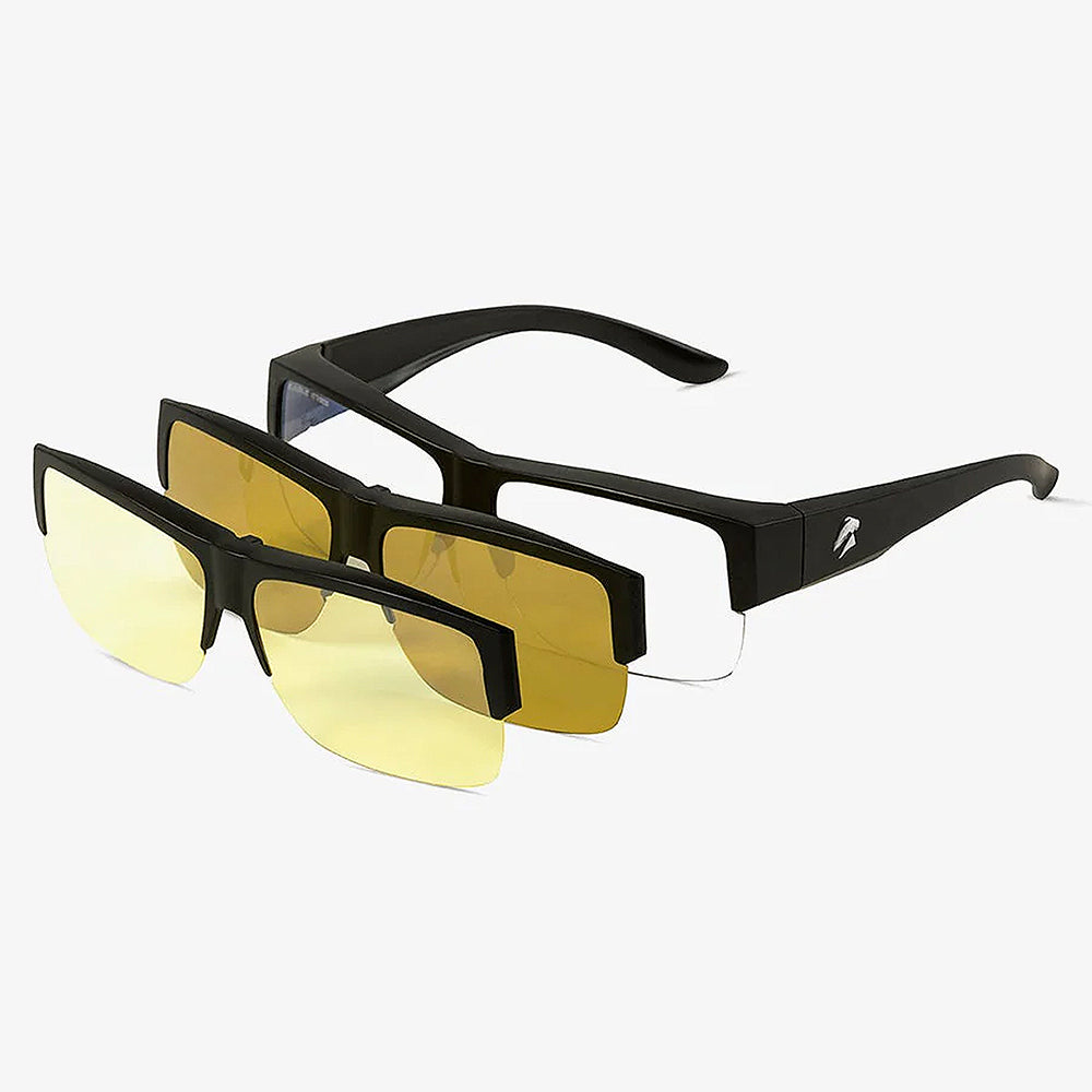 Lentes EagleEyes SuperSight Sistema 3 en 1 FitOn sobre fondo claro