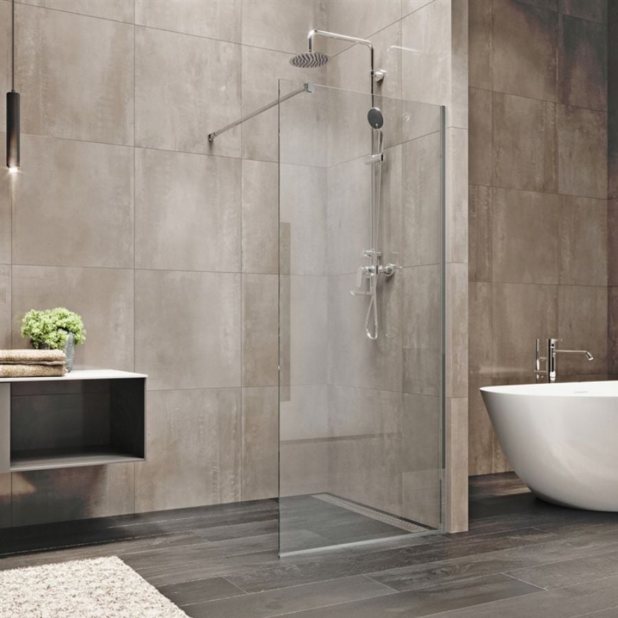 Light bathroom interior with glass shower