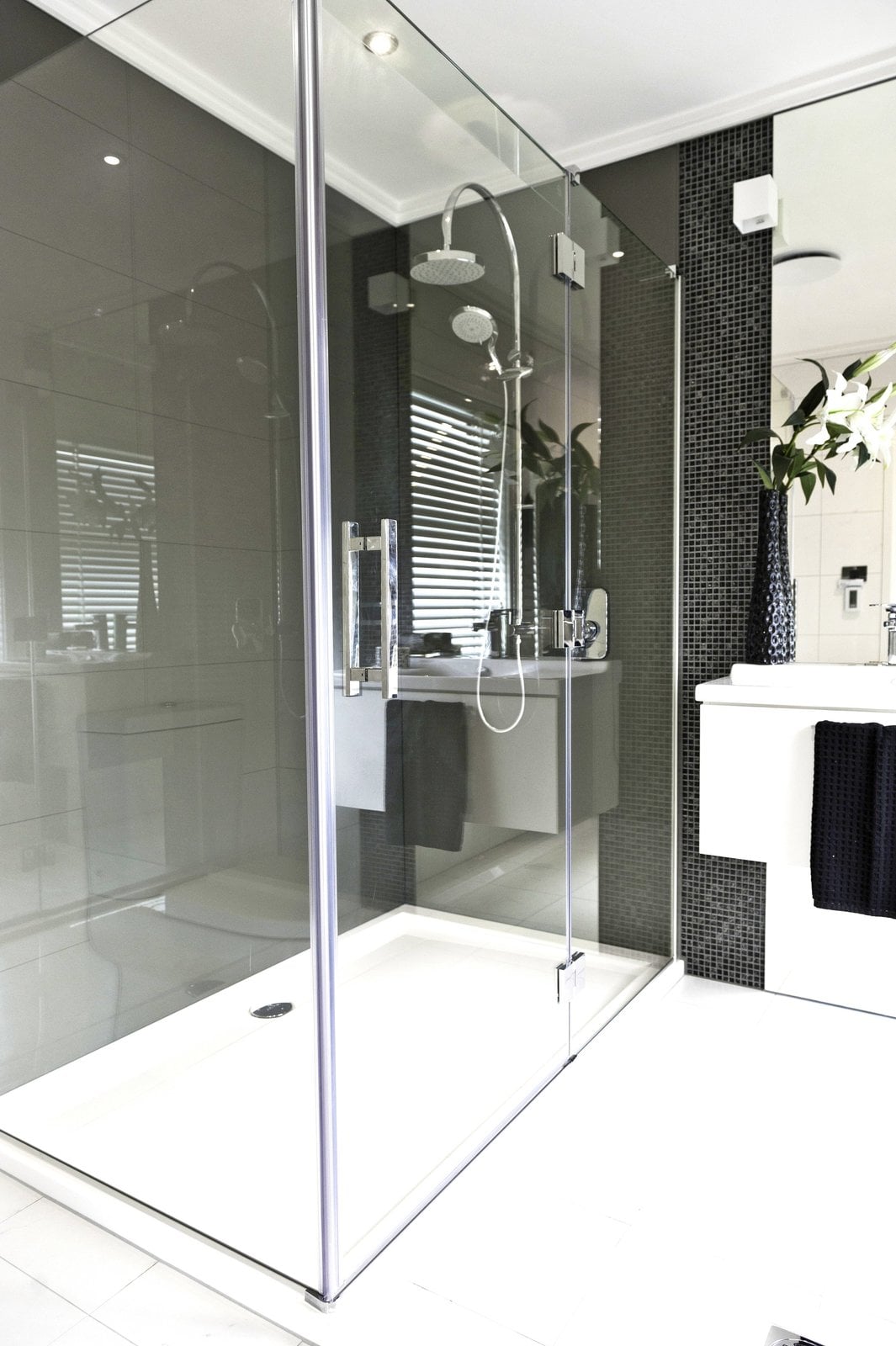 Frameless shower with dark mosaic wall and chrome fittings