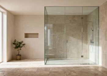 Frameless shower screen in a stone-tiled bathroom
