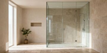 Frameless shower screen in a stone-tiled bathroom