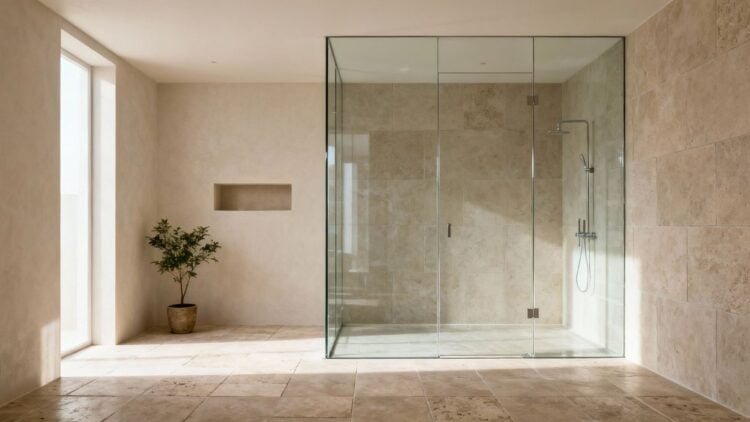 Frameless shower screen in a stone-tiled bathroom