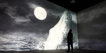 Visitors encounter a large illuminated whale image inside Frameless