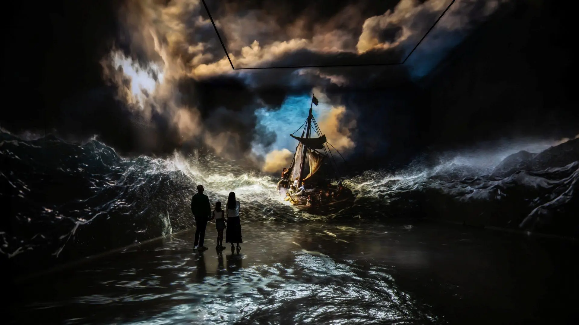 Rembrandt's storm scene projected across a Frameless gallery wall