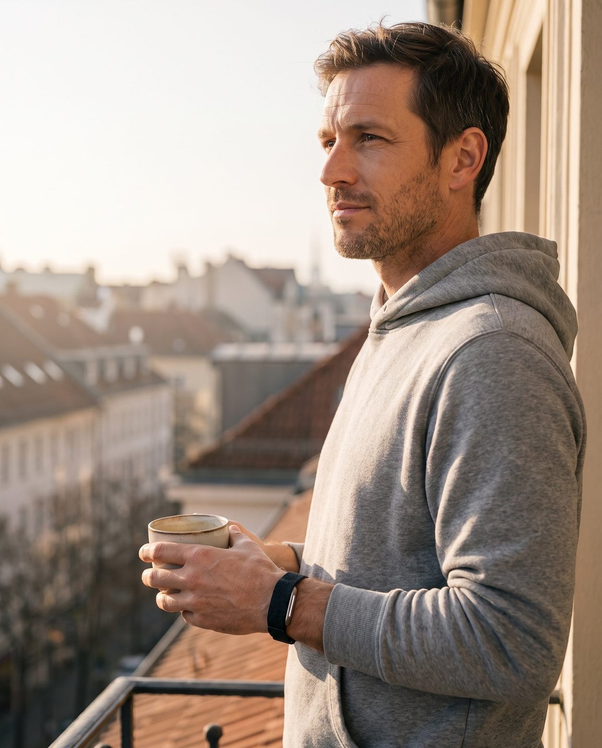 Mann trägt Hume Band auf einem Balkon