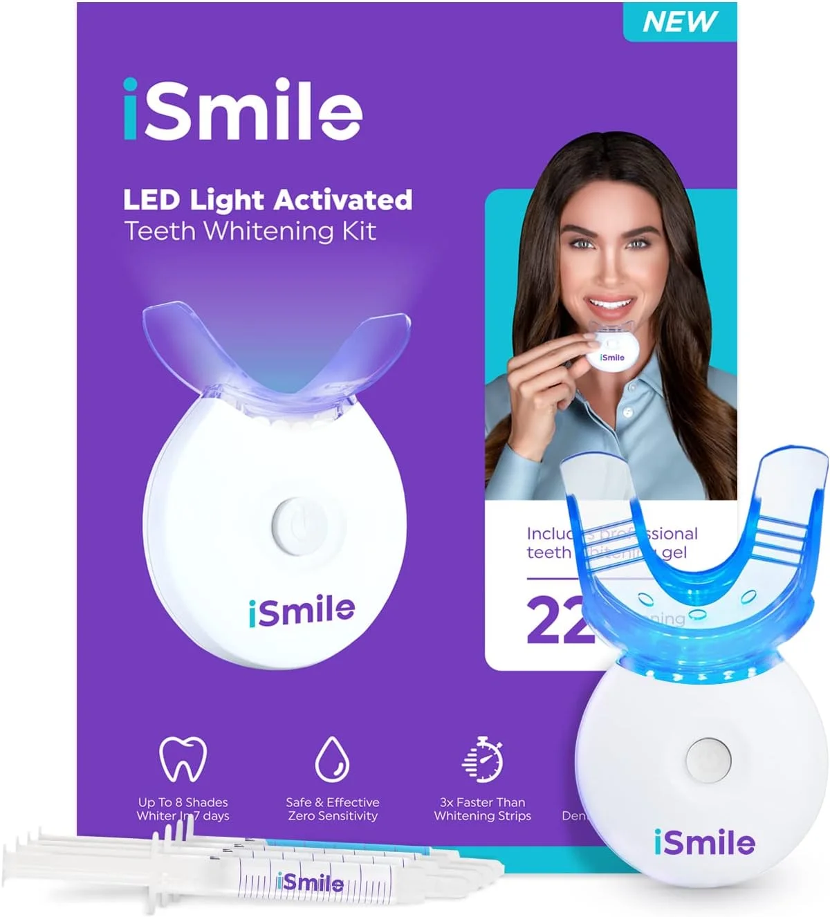 iSmile LED activated teeth whitening kit with its mouth tray and gel pens