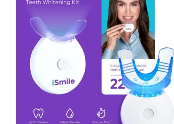 iSmile Teeth Whitening Kit box, LED light and gel syringes