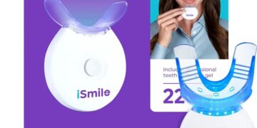 iSmile Teeth Whitening Kit box, LED light and gel syringes