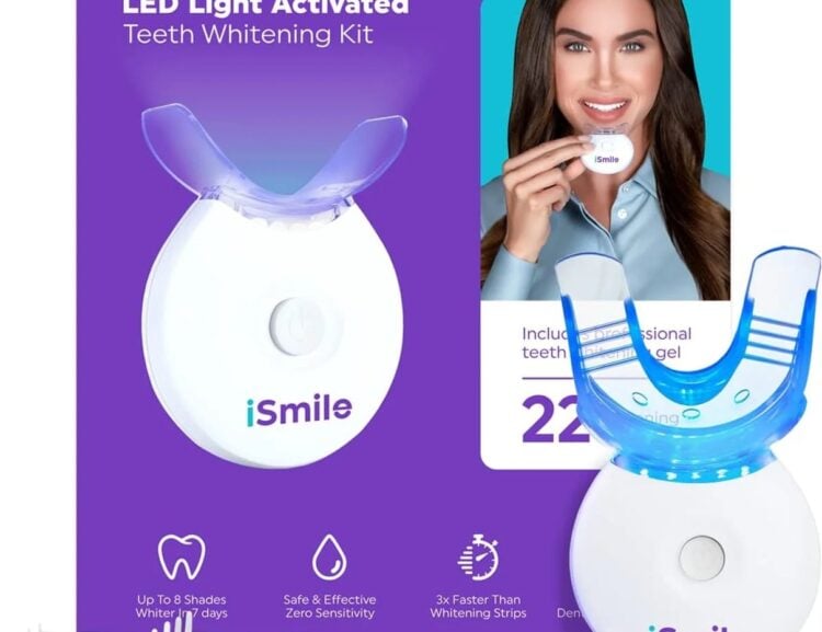 iSmile Teeth Whitening Kit box, LED light and gel syringes