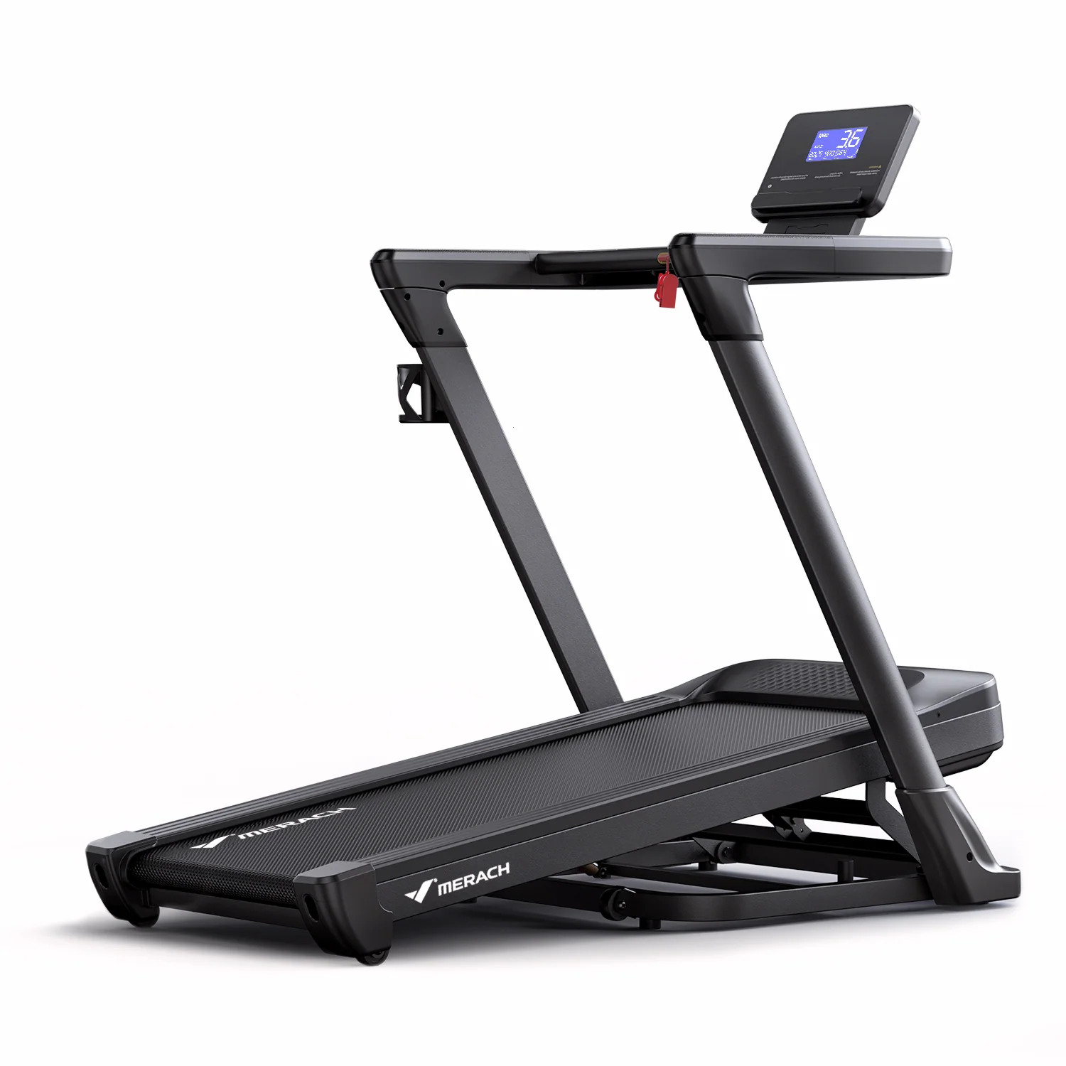 Merach folding treadmill with raised running deck