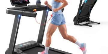 Merach folding treadmill shown on a light studio background