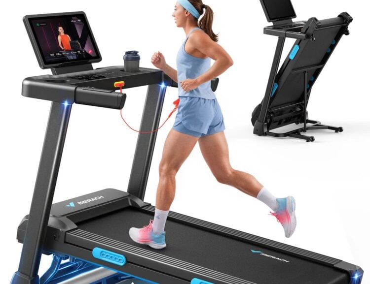 Merach folding treadmill shown on a light studio background