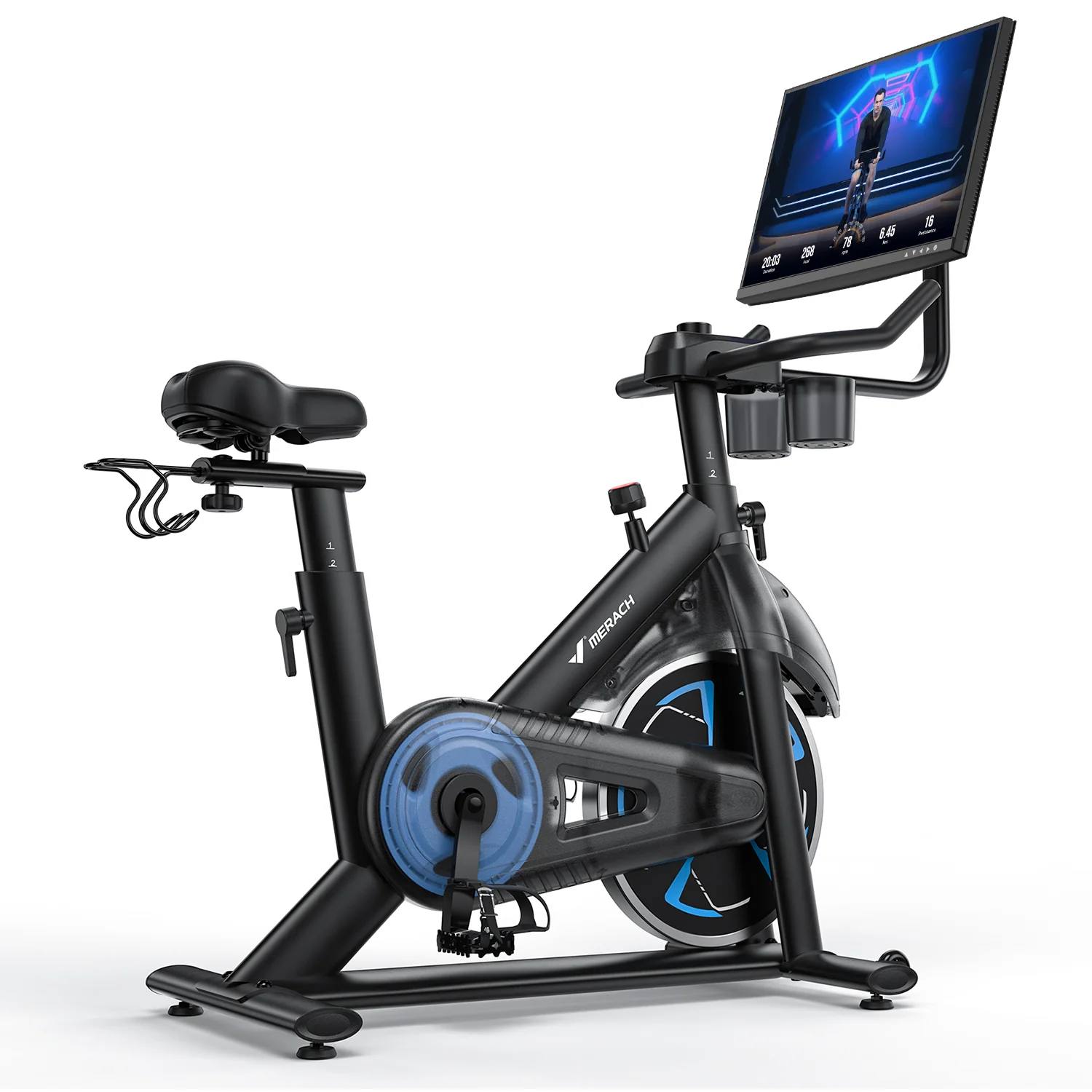 Merach S36B5 indoor exercise bike with its HD screen