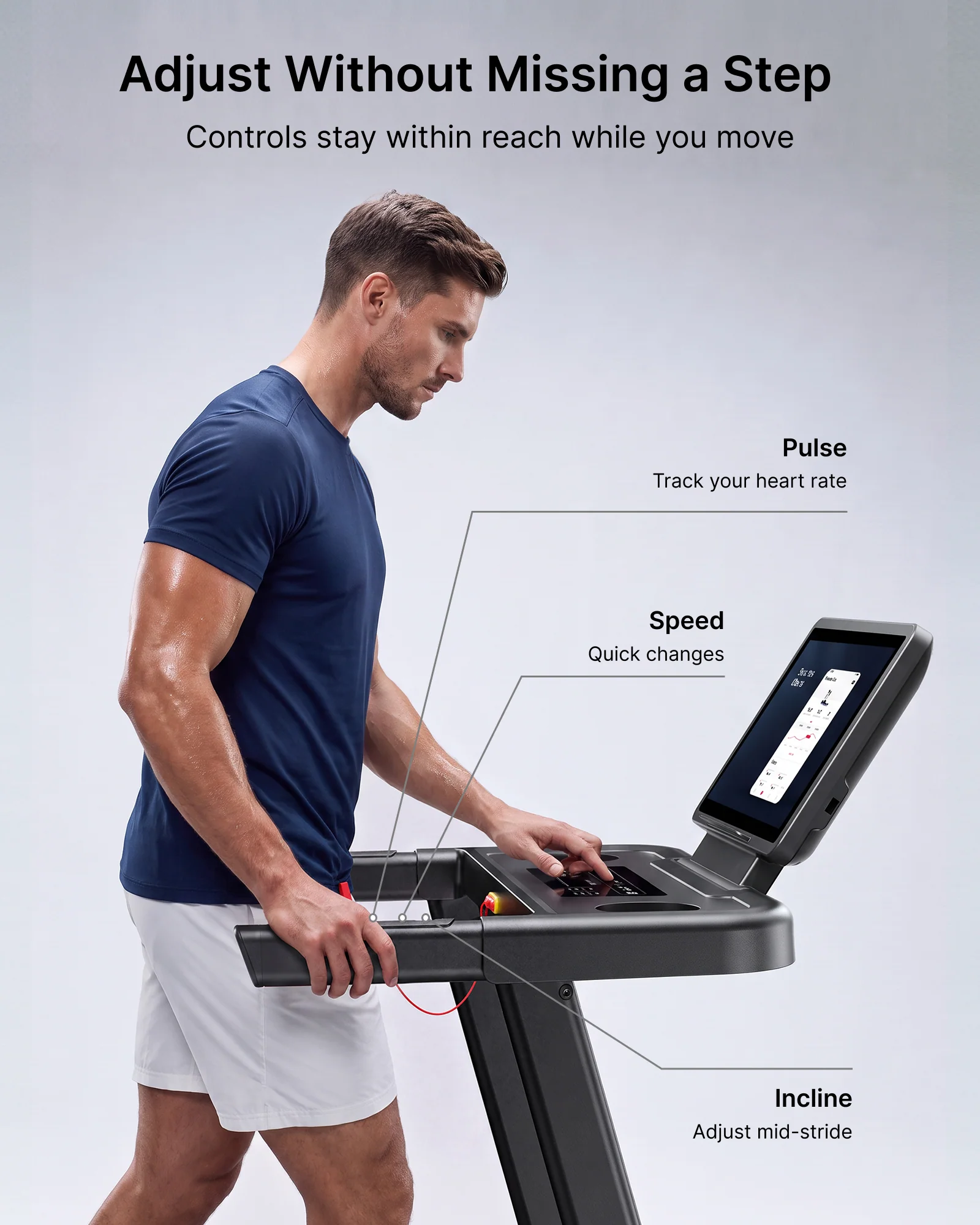 Merach treadmill with a large screen in a home setting