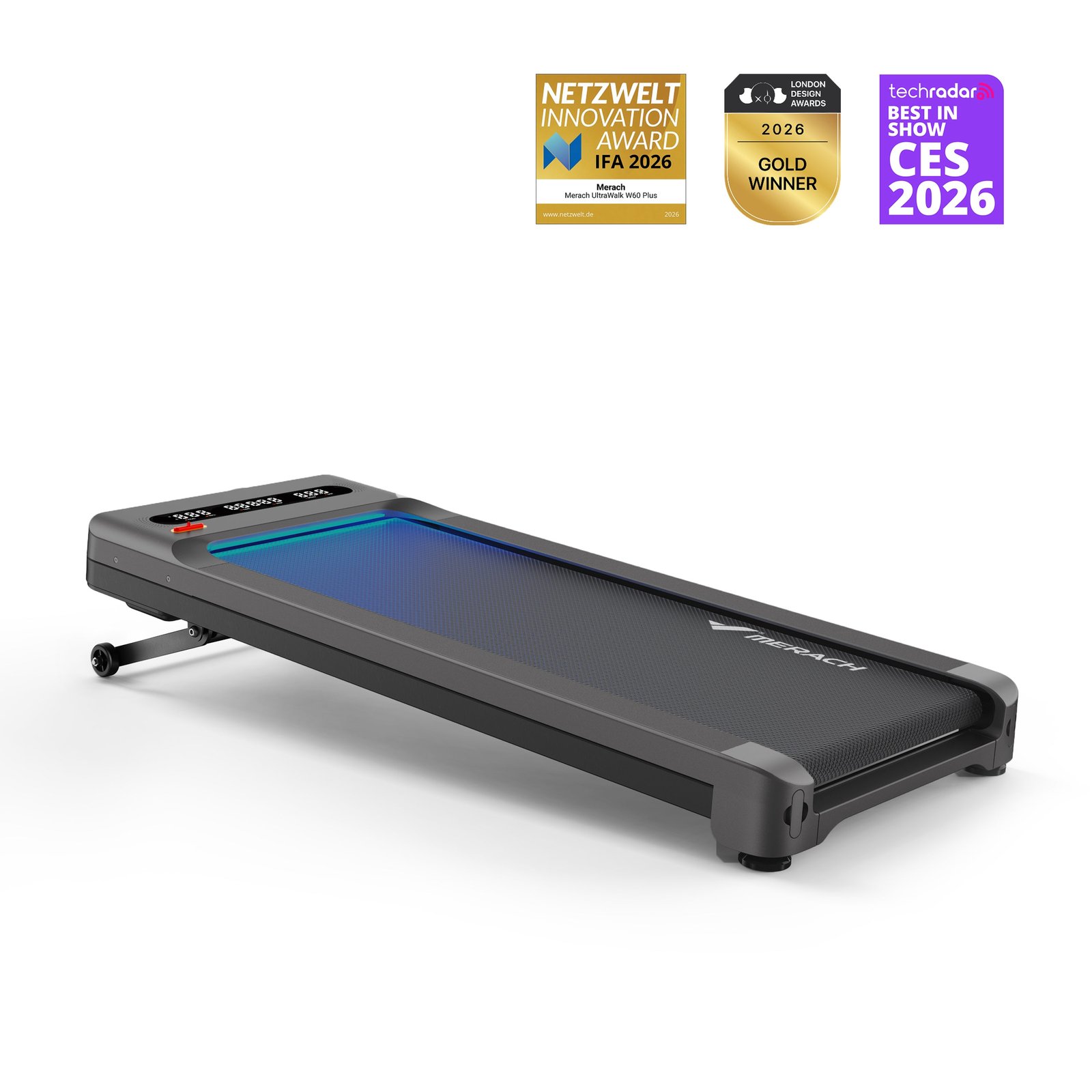 Merach UltraWalk W60 Plus walking pad shown with award badges