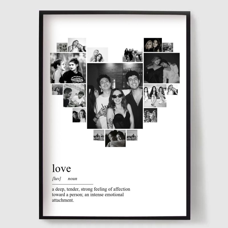 Black and white personalised heart photo collage poster