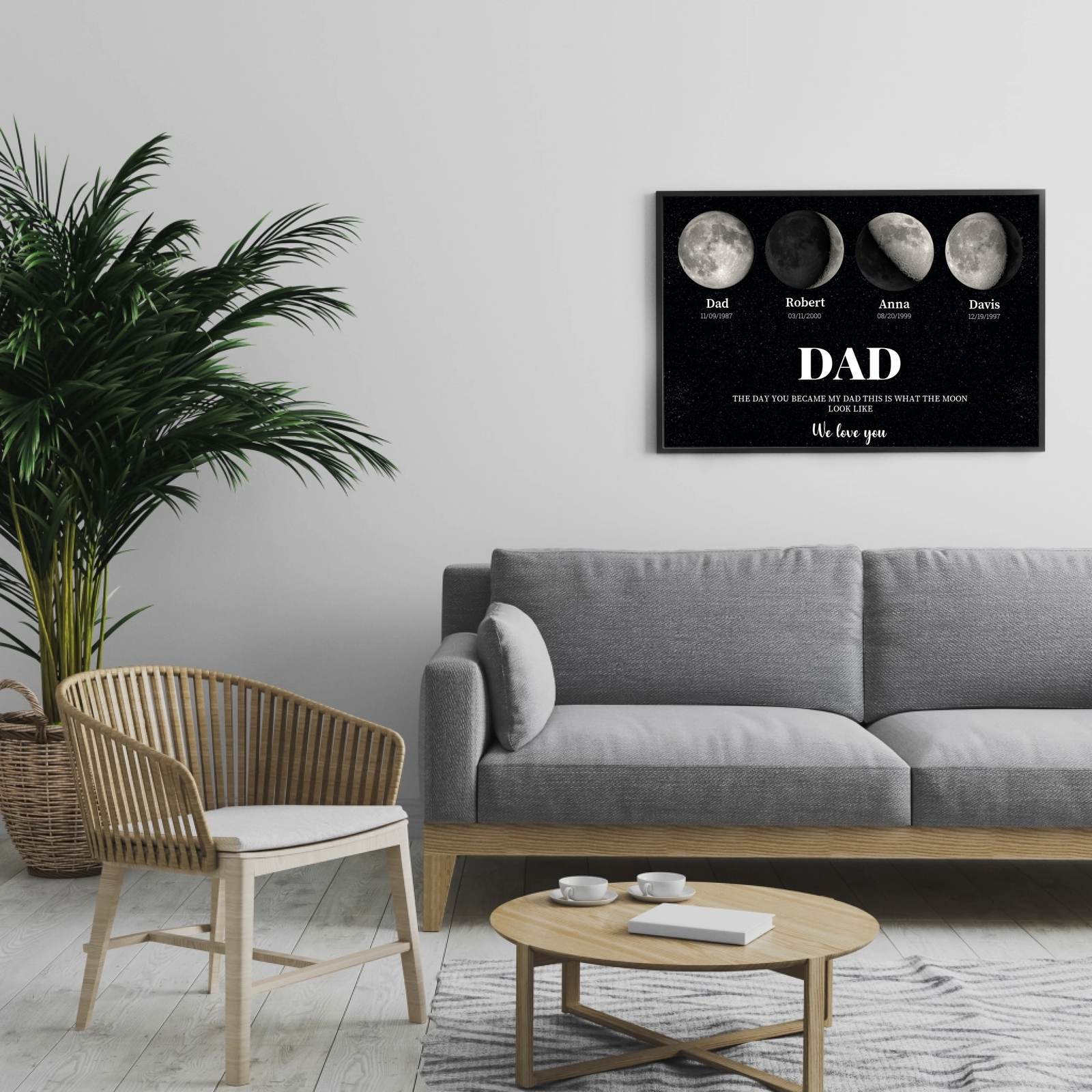 A personalised moon phase print in a framed wall-art design