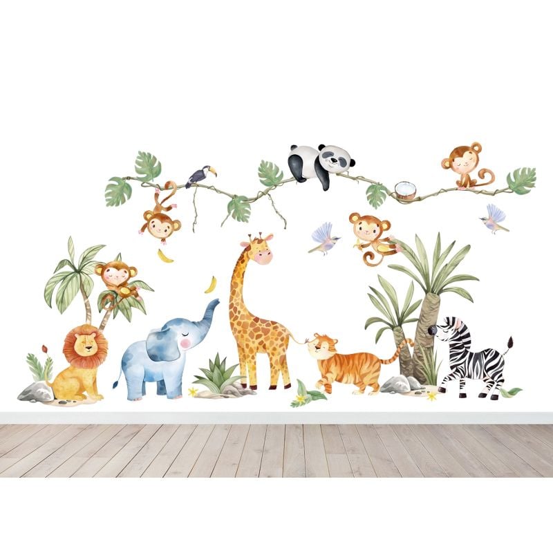 Cartoon elephant, lion and giraffe safari wall sticker