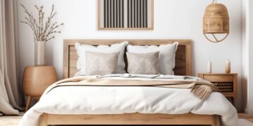Framed black and cream abstract poster above a bed in a neutral bedroom