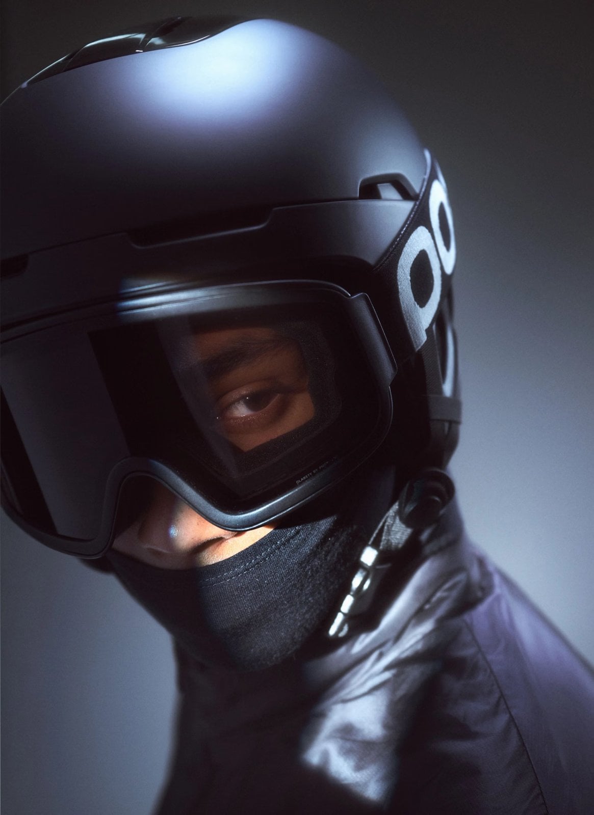 Snow sports rider wearing a helmet and goggles